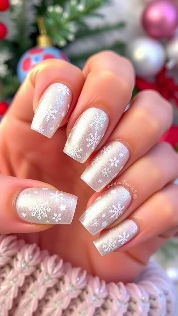 Elegant silver Christmas nail art with white designs on a festive background.